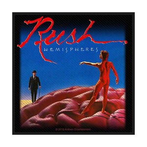 May include: A square patch featuring the album art for Rush's "Hemispheres." The design includes a red figure, a man in a suit, and the band's name in red script against a blue background.