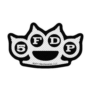 Op de afbeelding: Een wit en zwart embleem in de vorm van een boksbeugel met de tekst 5FDP in de ronde openingen. Het ontwerp bevat een zwarte rand en de kleine gedrukte tekst 2011 Merchenaries, LLC in het midden onderaan het object.