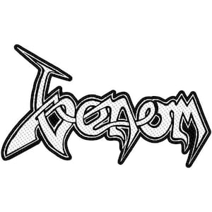 Könnte beinhalten: Ein schwarz-weißes Venom-Logo-Patch. Das Wort "Venom" ist in einer stilisierten, gotischen Schrift mit einem gepunkteten Muster in den Buchstaben geschrieben. Der Umriss ist schwarz und der Hintergrund ist weiß.