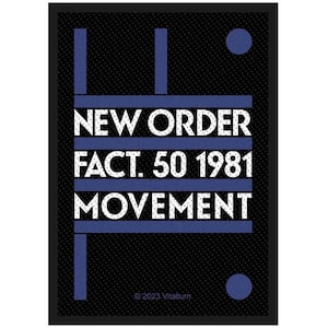 May include: Black rectangular graphic featuring the text "NEW ORDER FACT. 50 1981 MOVEMENT" in white, with blue horizontal lines and accents. The background is a black dotted pattern. The copyright symbol and "2023 Vitalturn" are at the bottom.