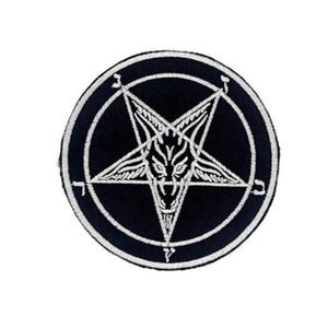 Parche del pentagrama de Baphomet - Parche redondo de 10 cm para coser, blanco y negro