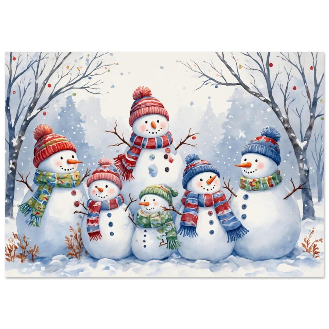 Poster Six Snowmen in Winter Scene Watercolor Painting for Festive ...