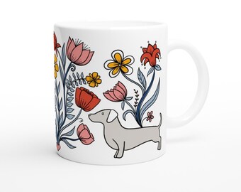 Folk Art Mug Dachshund with Florals, Hygge Coffee Cup, Wiener Dog and Flowers, Gift for Dog Lovers, Nordic Style Tea Cup, Scandinavian Style