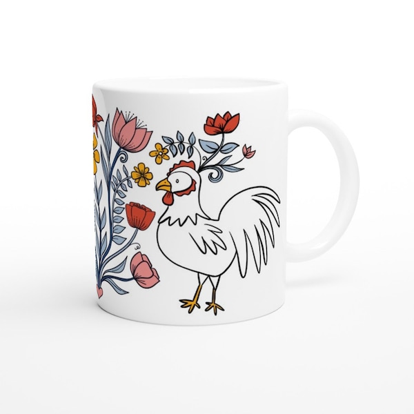 Folk Art Mug Rooster, Farmhouse Chic Coffee Cup, Cock and Flowers, Gift for Animal Lovers, Country House Style Tea Cup, Cottagecore