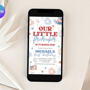 May include: A digital invitation for a first birthday party with a red, white, and blue theme. The invitation features a firework design and the text "Our Little Firecracker is Turning One!" and "Michael's First Birthday".
