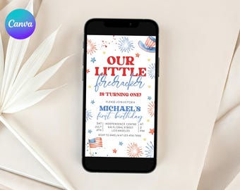 Little Firecracker 1st Birthday Evite, Firecracker Birthday Mobile Invite, Digital Firecracker is One Birthday Invite, July Bday Evite FO1