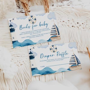 Bewerkbare matroos babyshower insteekkaarten, Ahoy It's a Boy babyshower boek verzoekkaart, afdrukbare nautische babyshower luierloterij NC2