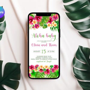 Editable Aloha Baby Shower Evite, Hawaiian Baby Shower Text Invite, Luau Baby Shower Mobile Invite, Digital Tropical Baby Shower Evite TL2