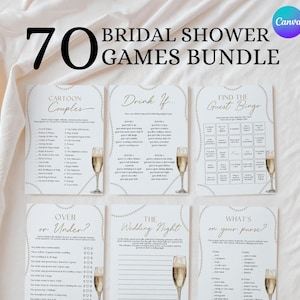 Puede incluir: Un conjunto de 70 juegos de despedida de soltera imprimibles. Los juegos incluyen "Cartoon Couples", "Drink If", "Find the Guest Bingo", "Over or Under", "The Wedding Night" y "What's in Your Purse?"