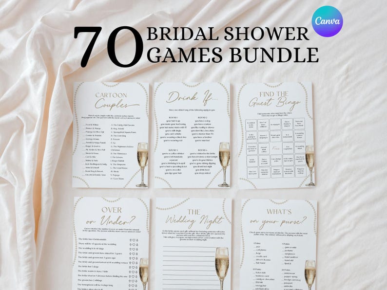 May include: A set of 70 printable bridal shower games. The games include "Cartoon Couples", "Drink If", "Find the Guest Bingo", "Over or Under", "The Wedding Night", and "What's in Your Purse?"