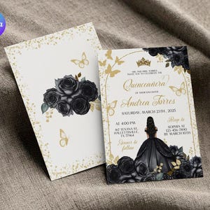 Editable Black Gold Quinceañera Invitation, Royale Black Dress Princess Quinceañera Invite, Printable Black Fifteen Birthday Invitation