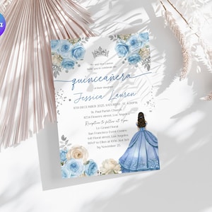 Light Blue Floral Quince Invite, Sky Blue Quinceañera Invitation, Princess Quince Invitation, Blue Roses Mis Quince 15 Años Invitation