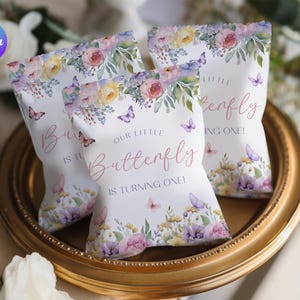 Butterfly 1st Birthday Chip Bag, Editable Wildflower Birthday Treat Bag, Fairy 1st Birthday Chip Bag Template, Spring Favor Bag Wrapper BT1