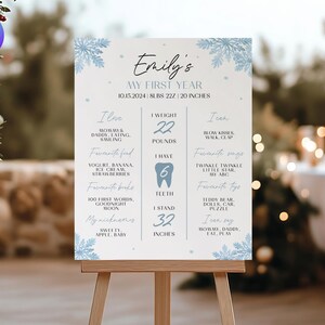 Blue Snowflake 1st Birthday Milestone Poster, Winter Birthday First Year Sign, Editable Little Snowflake First Birthday Milestone DN1
