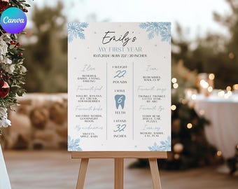Blue Snowflake 1st Birthday Milestone Poster, Winter Birthday First Year Sign, Editable Little Snowflake First Birthday Milestone DN1