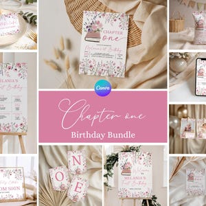 Chapter One Birthday Bundle, Storybook 1st Birthday Decor, Girl First Book Theme Party Kit, Editable Canva Template PDF BK1