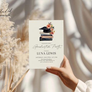 May include: A graduation party invitation with a watercolor illustration of a graduation cap, books, and flowers. The text reads "Please join us for a Graduation Party honoring Luna Lewis. Saturday, May 17th at 2 PM. The Falcon Residence, 160 Fairy Way, Santa Barbara, CA. RSVP to [phone number] or [email address]"