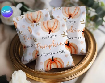 Printable Pumpkin 1st Birthday Chips Bag, Editable Autumn 1st Birthday Chip Bag, Harvest Birthday Party Treat Bag, Fall Bday Snack Bag KP1