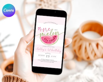 Editable One in a Melon 1st Birthday Evite, Watermelon 1st Birthday Phone Invitation, One in a Melon Birthday Evite, Melon Bday Invite WT1