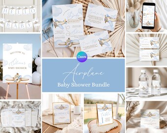 Airplane Baby Shower Bundle, Aviation Baby Shower Package, Blue Plane Baby Shower Kit, Editable Pilot Baby Shower Decoration Suite AR2