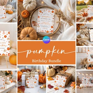 May include: A collection of fall-themed birthday party decorations and stationery. The image features pumpkins, signs, gift tags, and invitations with pumpkin and leaf designs. The text "Pumpkin Birthday Bundle" is displayed in orange.