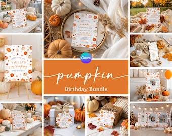 May include: A collection of fall-themed birthday party decorations and stationery. The image features pumpkins, signs, gift tags, and invitations with pumpkin and leaf designs. The text "Pumpkin Birthday Bundle" is displayed in orange.