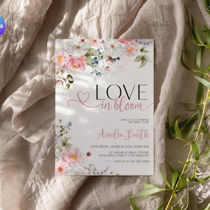 Plantilla de invitación "Amor en flor" en rosa suave, invitación para despedida de soltera de primavera, tarjeta de despedida de soltera con flores brillantes, tarjeta de recetas para novias Bloom