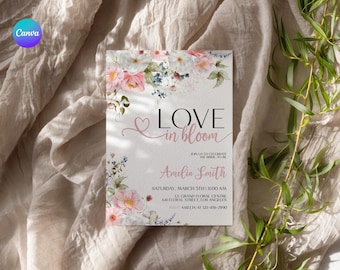 Soft Pink Love in Bloom Invitation Template, Spring Bridal Shower Invitation, Bright Floral Bridal Shower Card, Bloom Bridal Recipe Card