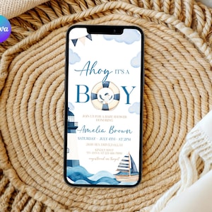 Digital Ahoy It’s a Boy Shower Invitation, Nautical Baby Shower Evite, Sailor Baby Shower Phone Invitation, Sailboat Baby Shower Evite NC2