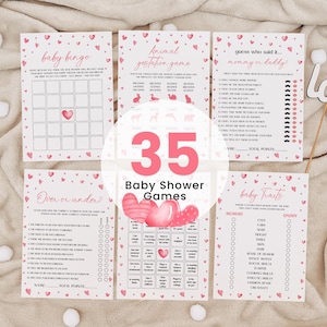 Pacchetto giochi per baby shower Pink Hearts, set giochi per baby shower Little Valentine, kit giochi per baby shower Sweetheart, giochi per baby shower di febbraio VQ2