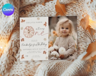 May include: A first birthday invitation featuring a watercolor pumpkin and fall leaves. The invitation includes the text "Our Little Pumkin is turning one" and "Kimberly's first birthday". A photo of a smiling toddler is on the right.