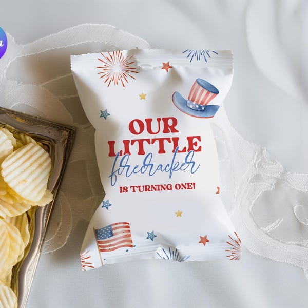 Little Firecracker First Birthday Chips Bag Template, Editable 4th of July Birthday Chip Bag Wrapper, Firecracker Party Snaks Bag FO1