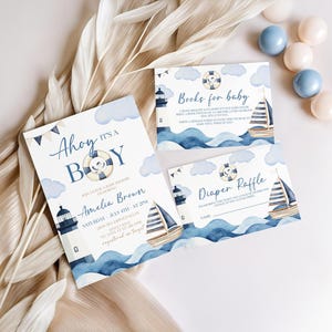 Ahoy It’s a Boy Shower Invitation Set, Nautical Baby Shower Invitation, Sailboat Baby Shower Invite, Sailor Baby Shower Cellphone Evite NC2