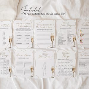 May include: A set of printable baby shower games featuring a champagne glass and pearl design. The games include "Animal Mates", "Bridal Shower Charades", "Bucket List for the Bride & Groom", "Disney Love Songs", "Emoji Pictionary", "Find the Guest Bingo", "Game Apron", "Guess the Dress", "Lingerie Bingo", and "What Did the Groom Say?"