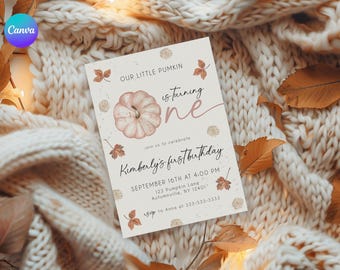 May include: A fall-themed invitation card with a pumpkin illustration and the text "Our Little Pumkin is turning one." The card includes details for Kimberly's first birthday, with a date, time, and location. The design features autumn leaves and a soft color palette.