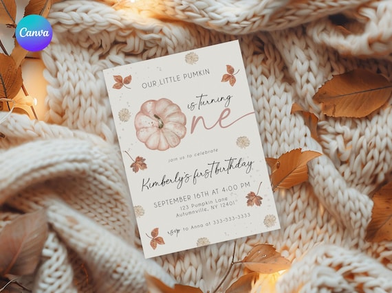 Autumn 1st Bday Invitation, Pumpkin First Birthday Party Evite, Floral Pumpkin 1st Birthday Invite, Fall First Birthday Phone Invitation DC1