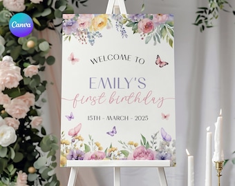 Butterfly First Birthday Party Welcome Sign, Pink Floral 1st Birthday Welcome Poster, Printable Wildflower Bday Party Welcome Board BT1