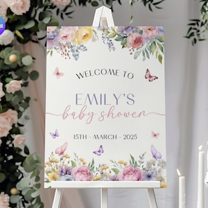 Letrero de bienvenida para baby shower con pequeñas mariposas, cartel de bienvenida para baby shower con flores, póster de bienvenida para baby shower con besos de mariposas, letrero de bienvenida para jardín rosa BT2