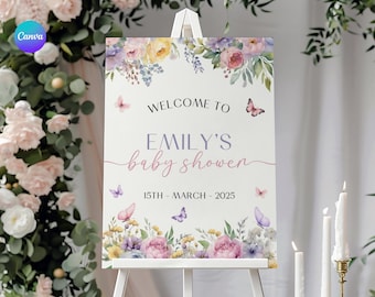 Letrero de bienvenida para baby shower con mariposas, tablero floral de bienvenida para baby shower, póster de bienvenida con besos de mariposa, letrero de bienvenida para jardín rosa BT2