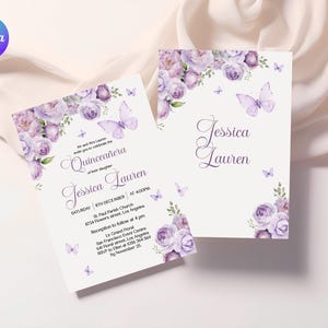 Invitación de quinceañera floral lila, invitación de quinceañera de lavanda, fiesta de quinceañera de flores Evite, teléfono de cumpleaños número 15 púrpura imprimible Evite