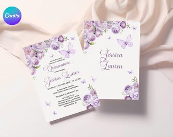 ライラックフローラルマルメロ招待状、ラベンダーキンセアニェーラ招待状、花キンセアニェーラパーティー招待状、印刷可能なパープルの15歳の誕生日電話招待状