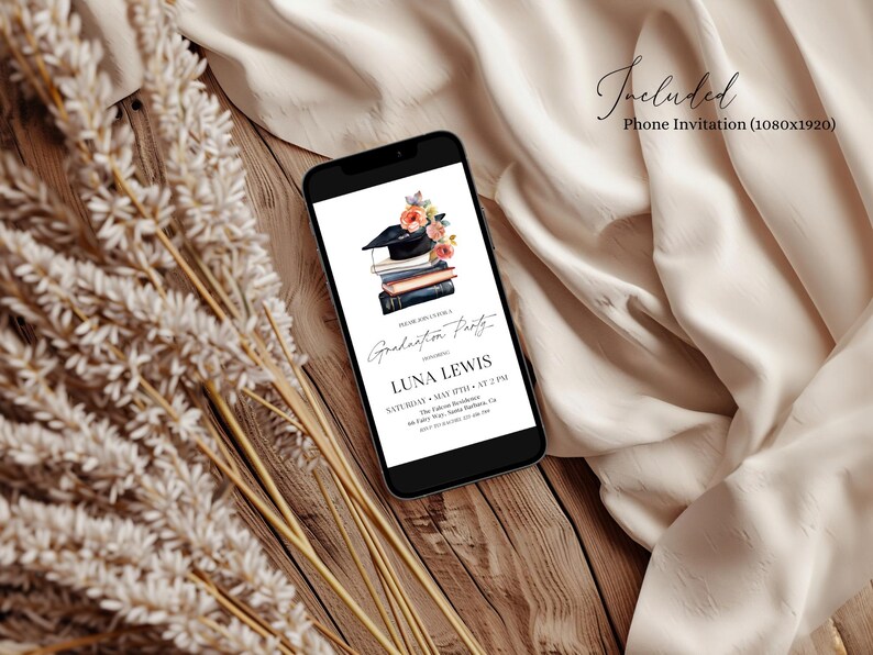 May include: A phone screen displaying a graduation party invitation with a black graduation cap, books, and flowers. The invitation reads "Luna Lewis Graduation Party" with the date and time of the event.