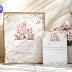 May include: A framed "Time Capsule" print and a matching card. The print features a pink castle illustration with floral accents and the text "Melania turns 18". The card has lines for writing and a castle illustration.