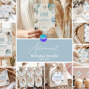 May include: A set of printable astronaut-themed birthday party decorations. The set includes a welcome sign, invitations, thank you tags, cupcake toppers, and photo booth props. The decorations feature a watercolor illustration of an astronaut, planets, and stars in shades of blue, yellow, and white.