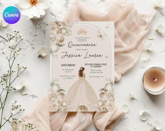Ivory Quinceañera Invitation, Printable Champagne Floral Quince Invite, Cream Mis Quince Años Invitation, Princess Girl 15th Birthday Invite
