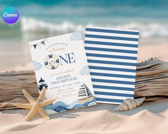 Set di inviti per il primo compleanno del piccolo marinaio, invito modificabile per il primo compleanno del marinaio, modello di invito per la festa del primo compleanno a tema vela NC1