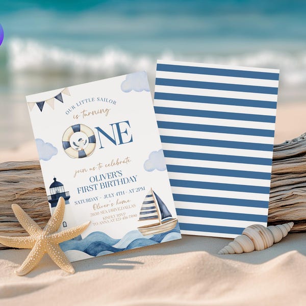 Little Sailor 1st Birthday Invitation Set, Editable Sailor Boy 1st Birthday Evite, Sailing First Birthday Party Invitation Template NC1
