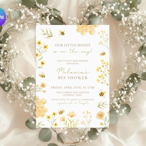 Printable Mommy to Bee Shower Invite Template, Editable Bumblebee Baby Shower Invitation, Floral Bee Baby Shower Smartphone Invitation ZU2