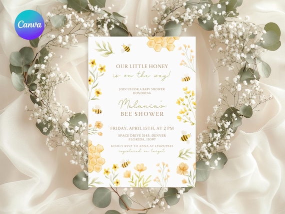 Printable Mommy to Bee Shower Invite Template, Editable Bumblebee Baby Shower Invitation, Floral Bee Baby Shower Smartphone Invitation ZU2