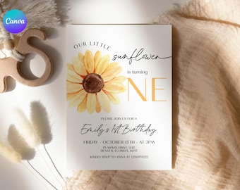 Yellow Sunflower First Birthday Invite, Our Little Sunflower is Turning One Invitation, Boho Floral 1st Birthday Phone Invitation SL1